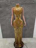 Shinning Golden Mirrors Women Sleeveless Sexy Hollow Out Waist Bodycon Long Dress Celebrate Birthday Performance Costume