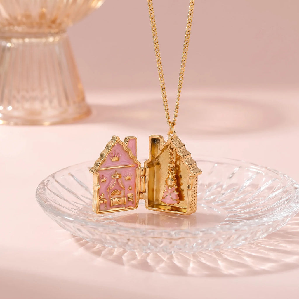 Fairy Tale Gingerbread House Necklace Open and Close Pendant Necklace Women Girls Enamel House Girl Necklace Jewelry Accessory