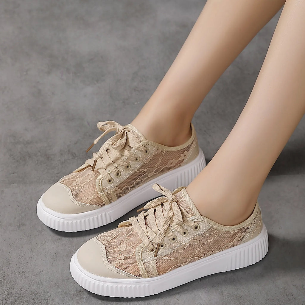 Women's Floral Lace Breathable Platform Shoes Spring Summer Thick Mid Top Lace Up Shoes Comfortable Outdoor Daily Casual Shoes
