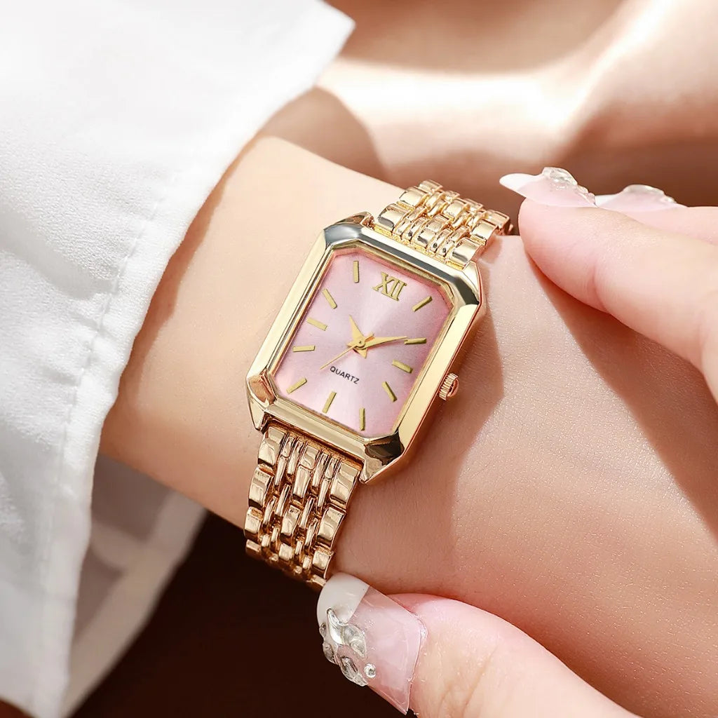 7pcs Elegant Rectangle Women Watch Jewelry Set Fashion Ladies Quartz Wristwatches Flowers Accessories Gifts（Without Box）