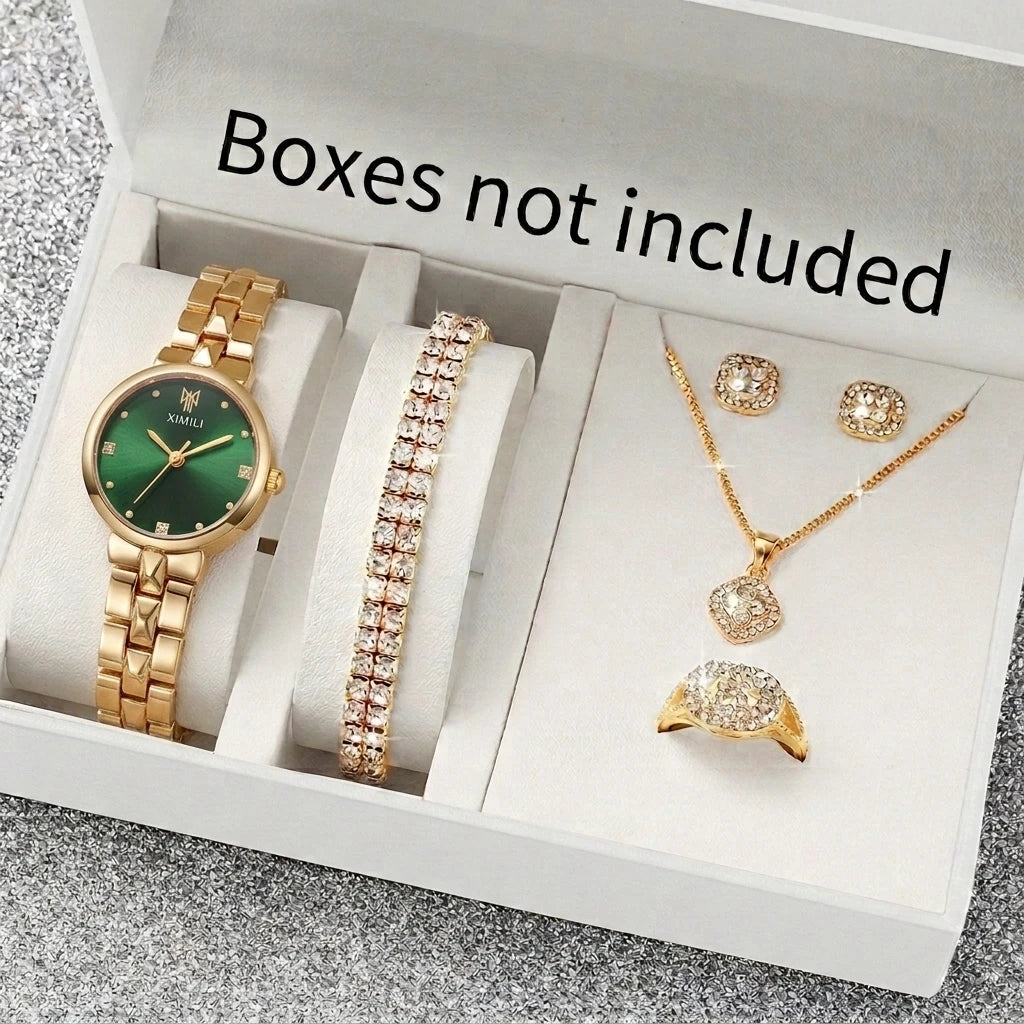 6PCS Elegant Rhinestone Women Quartz Watch Jewelry Set Ladies Bracelet Strap Wristwatches Relogio Feminino Clock（Without Box）