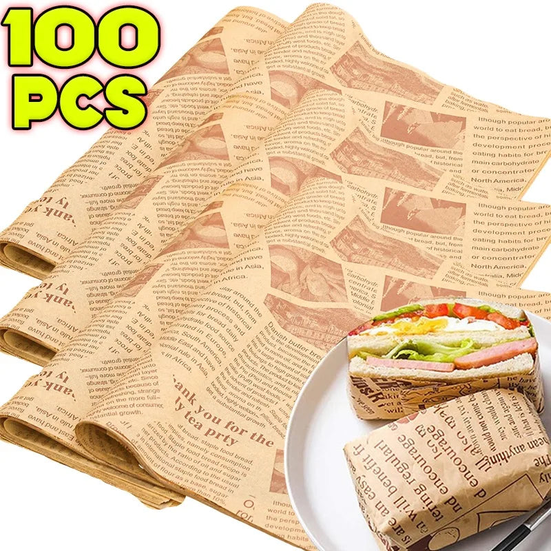 50/100Pcs Oil-Proof Paper Sheet Food Sandwich Packaging Paper Newspaper Style Greaseproof Deli Paper for Wrapping Burger Bread