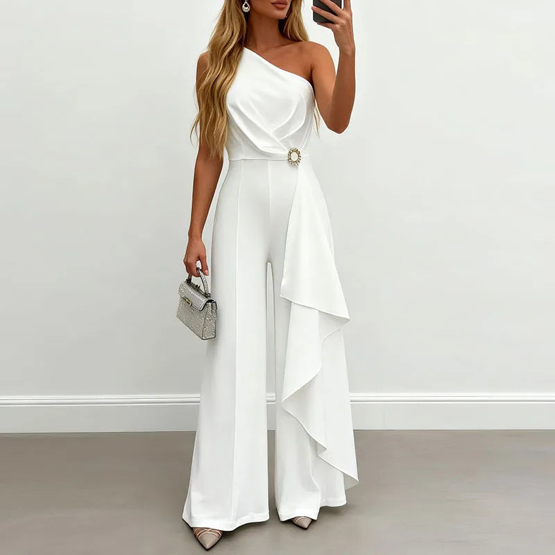 Elegant Slanted Shoulder Commute Long Jumpsuit Fashion Hight Waist Solid Party Romper 2026 Women's Casual Sleeveless Playsuits