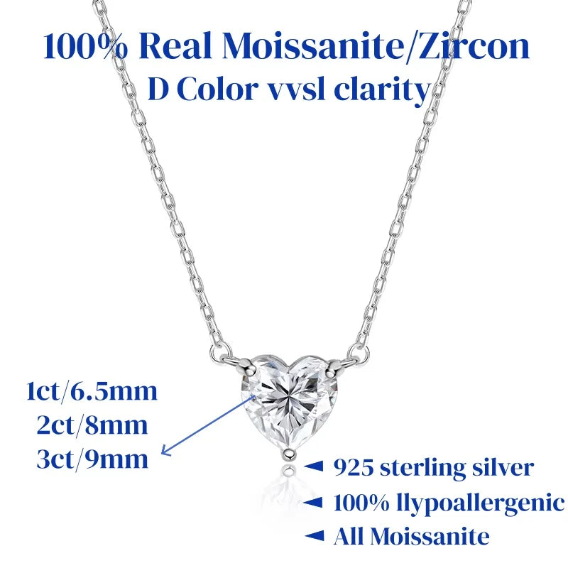 WSHUO 1/2/3ct Heart Cut Moissanite Pendant Necklace S925 Pure Silver Plated 18K Gold Women Necklace jewelry Gift GRA Certified
