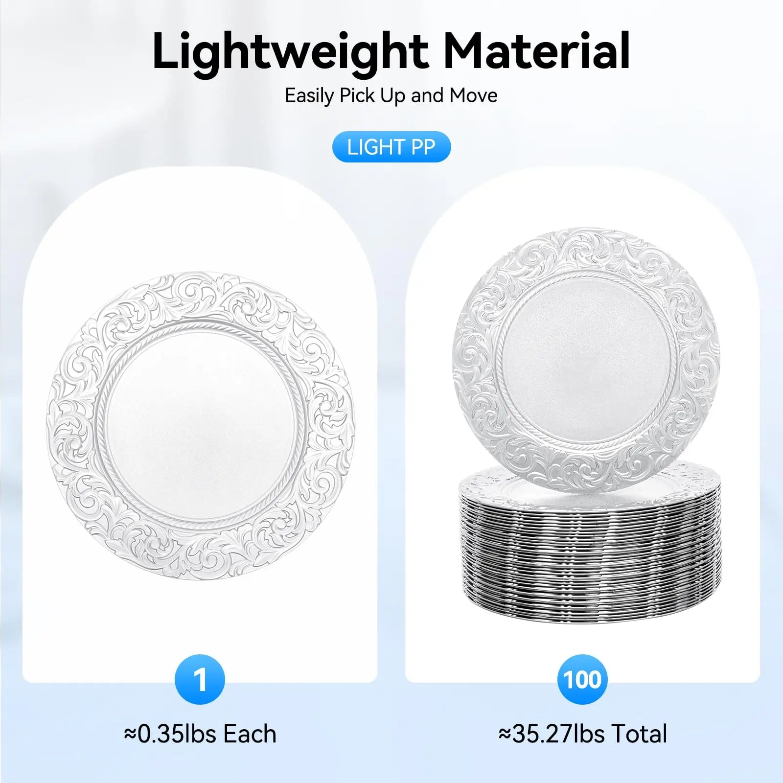 Thanksgiving day Gift 100 Pcs Silver Charger Plates Bulk, 13 In Round Charger Plates, Reusable Serving Silver Plate Chargers wit