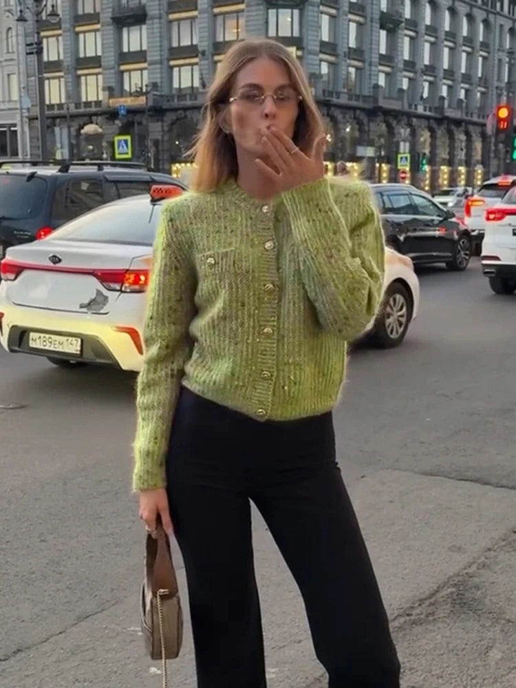 Fashion Marled Knitted Cardigan O-neck Single Breasted Long Sleeves Loose Sweater Women Casual Fashion Commute Autumn Sweaters