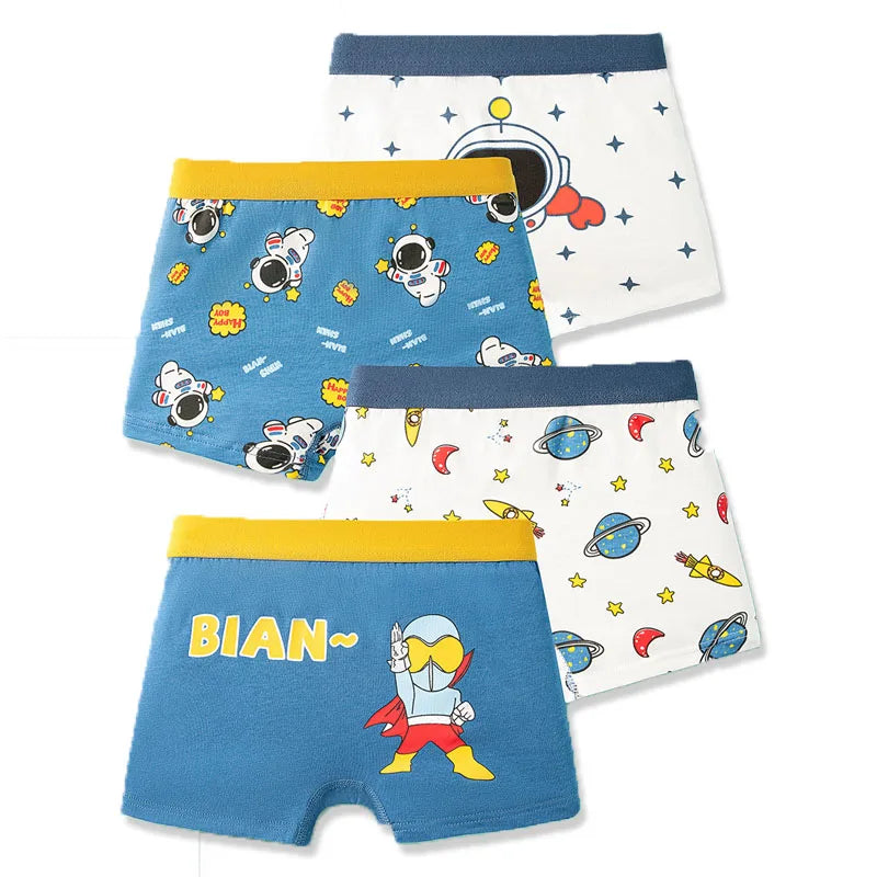 4-Piece Breathable Boy Boxer Brief High Quality Cotton Children Boxers Truck Car Dinosaur Colorful Patterns Kids Trunk Underwear