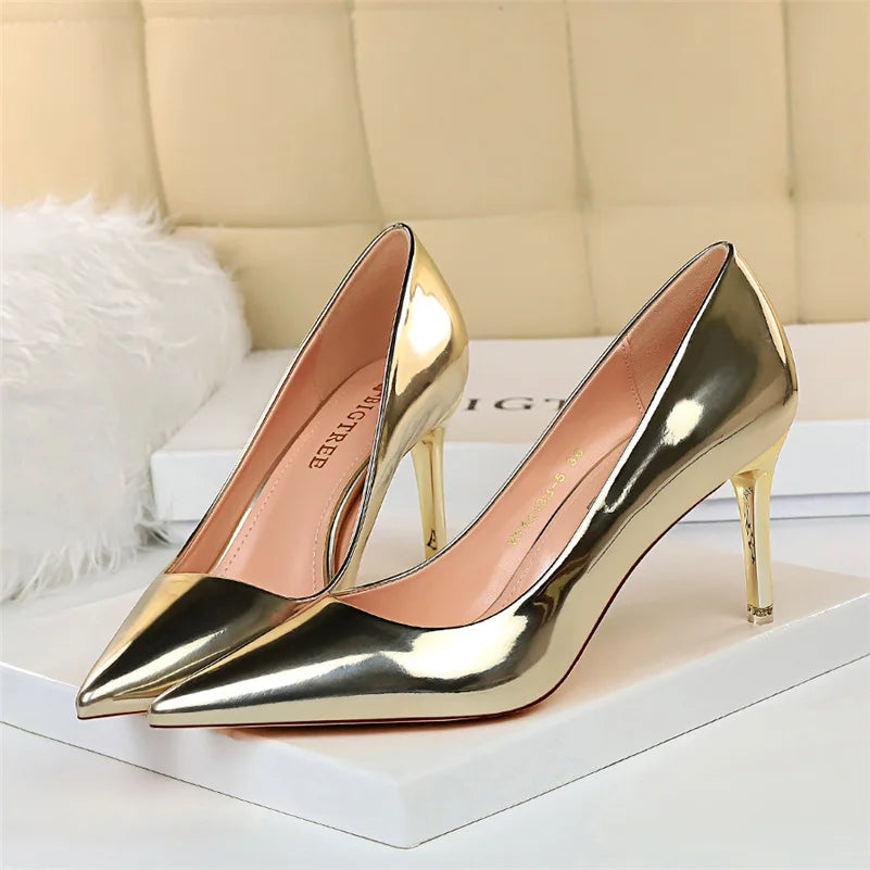 Women Mteallic Patent Bronze Leather Pumps 7.5cm 10.5cm High Heels Lady Stiletto Middle Low Heels Wedding Bridal Silver Shoes