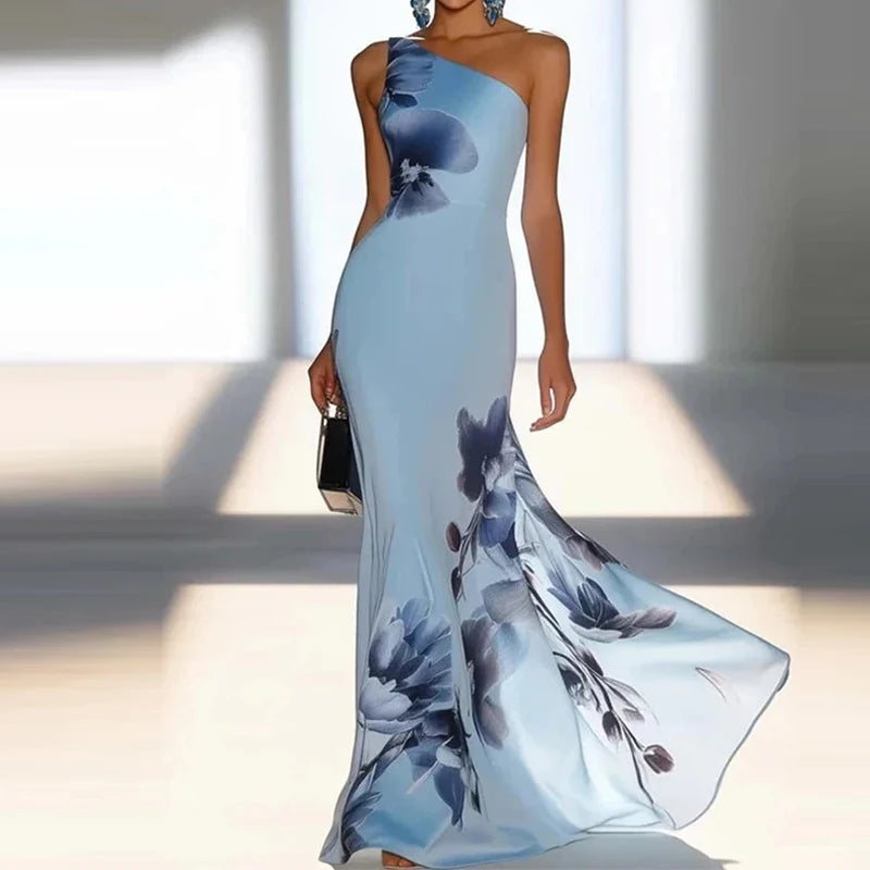 Elegant Print Hight Waist Holiday Dress Sexy Off Shoulder Sleeveless Slim Party Dress Women Fashion Backless Pleated Long Dress