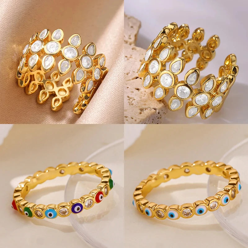 White Zircon Geometric Stainless Steel Rings For Women Gold Color Adjustable Wedding Aesthetic Ring Jewelry Gift Accessories