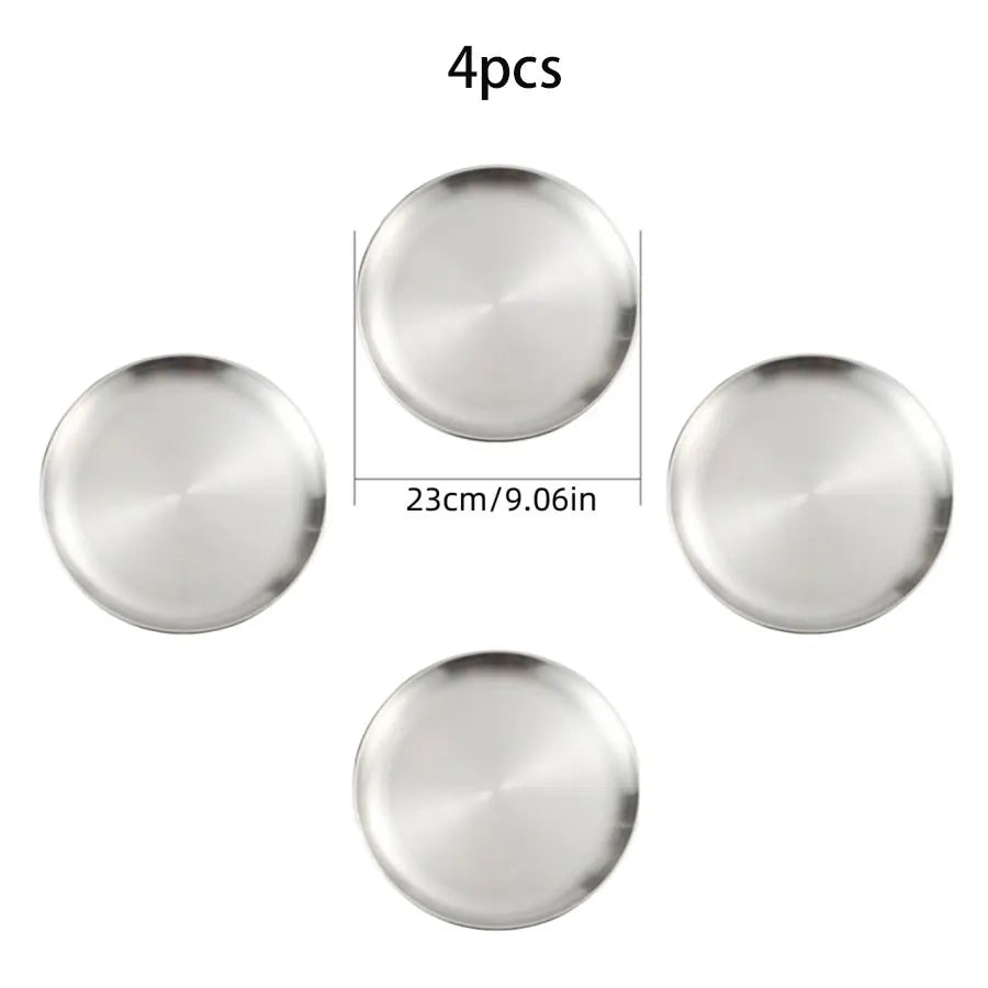 4pcs Stainless Steel Silver Plates, Korean Style Grilled Meat Plates, Household Circular Trays, Bone Plates, Cake Plates