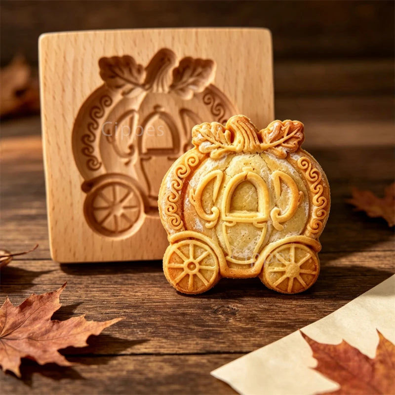 Wooden Cookie Mold Press for Baking, 3D Carved Beechwood Gingerbread Stamp, Halloween Pumpkin Ghost Embossing Cookie Cutter Mold