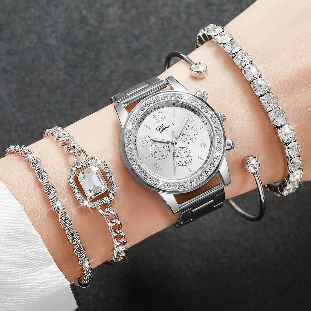 5PCS/Set Luxury Rhinestone Women Watches Ladies Arabic Dial Quartz Wristwatch Bracelet Set Reloj Mujer (Without Box)