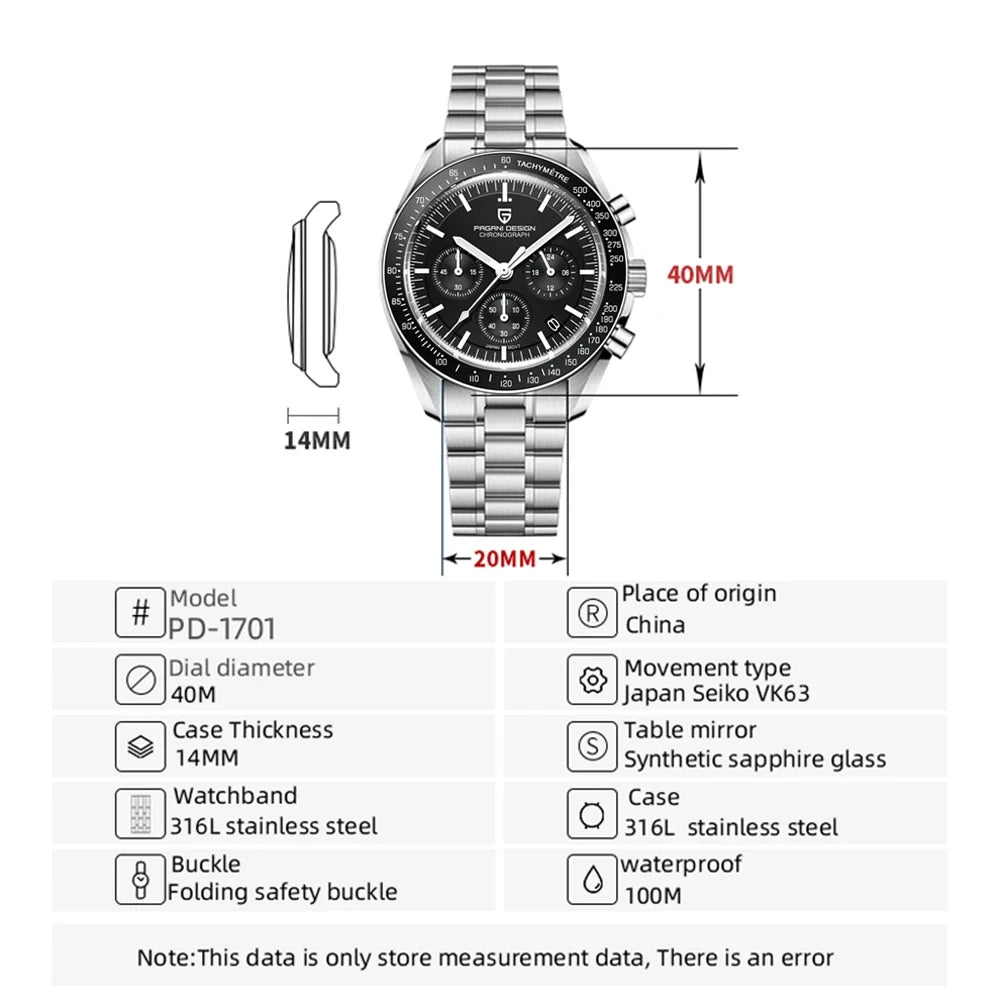 PAGANI DESIGN Moon Mens Watches 2025 Top Brand Luxury Quartz Watch For Men Chronograph Luminous Sapphire Mirror Waterproof Clock