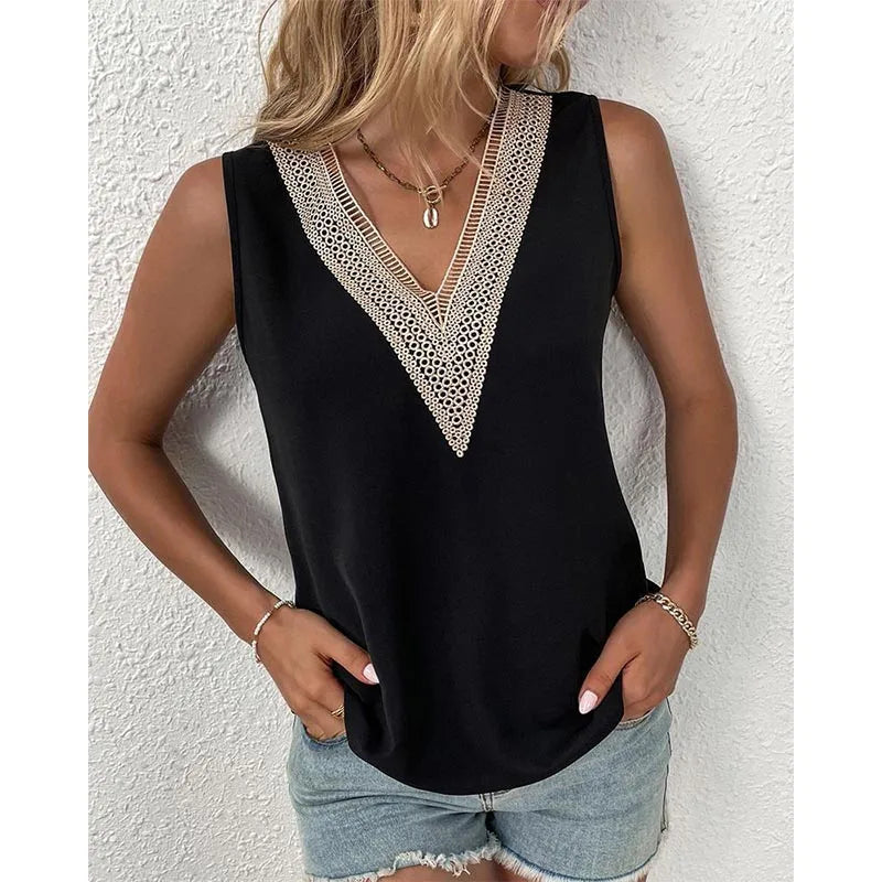 Sleeveless V-neck Lace Parchwork Blouse Women Loose Hollow Out Summer Tee Shirt Casual Streetwear Tsnk Top