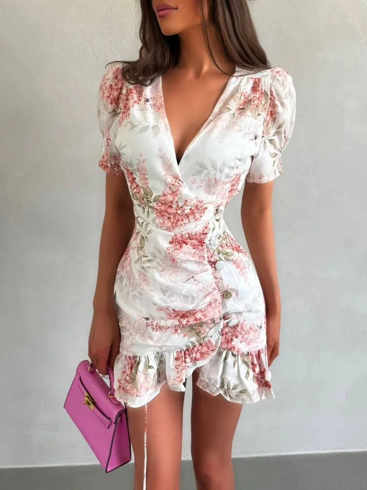 Elegant Floral Printed Mini Dress Women V-neck Short Sleeves Waist Cinching Ruffle Hem Dresses 2026 Lady Summer Vacation Robe