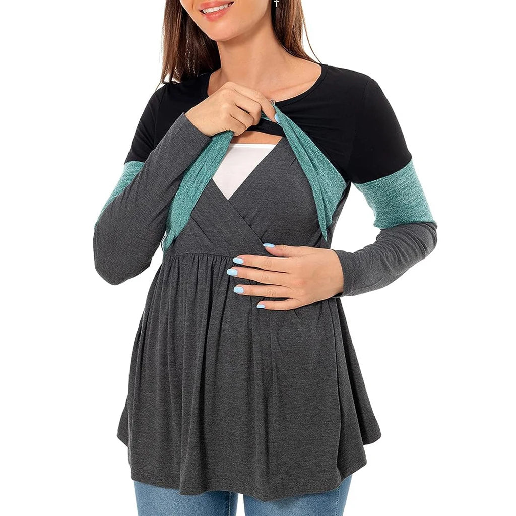 Maternity Nursing T Shirt Pregnant Womens Long Sleeve Patchwork Nursed Tops Blouse For Breastfeeding Pregnancy Clothes Pullover