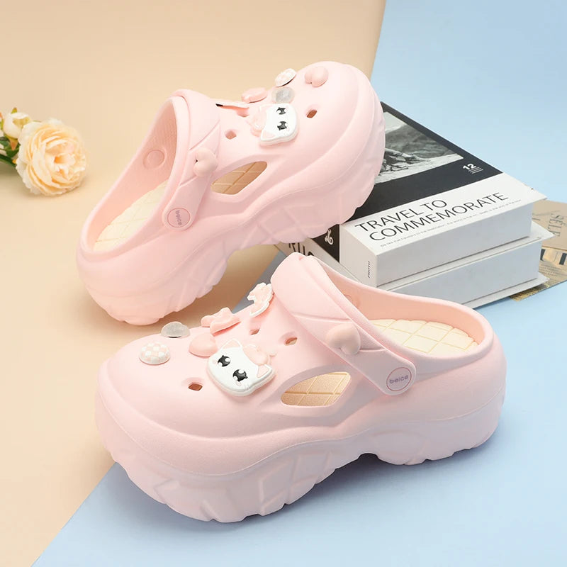 2024 New Sandals DIY Cute Cartoon Clogs Women Mules 7cm Platform Beach Slippers Cave Hole Female Garden Shoes For Students Girls