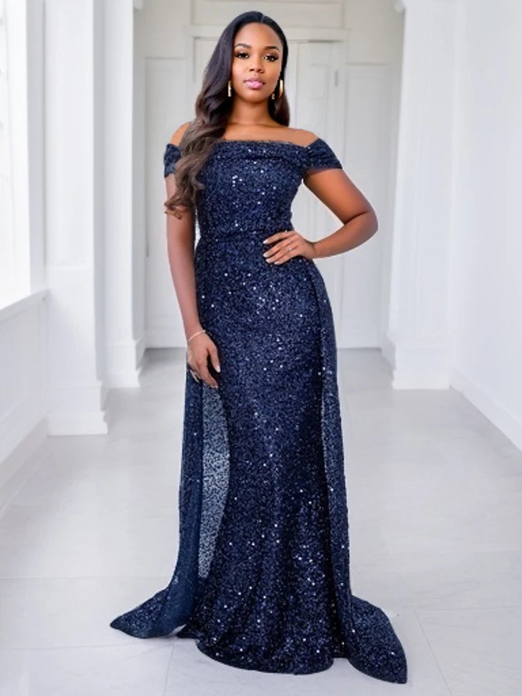 Romagic Navy Blue Slash Neck Off Shoulder Prom Gown Sequin Detachable Train Mermaid Evening Party Dresses Cocktail Dress 2025