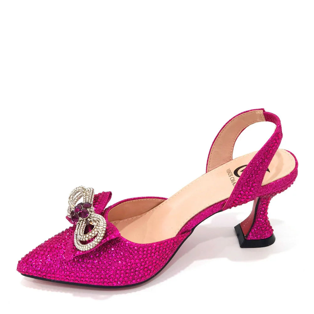 2022 Latest Italian Design African Women's High Heel Pointed Toe Sandals Party Wedding Party Fuchsia Color Shoes and Bags Set