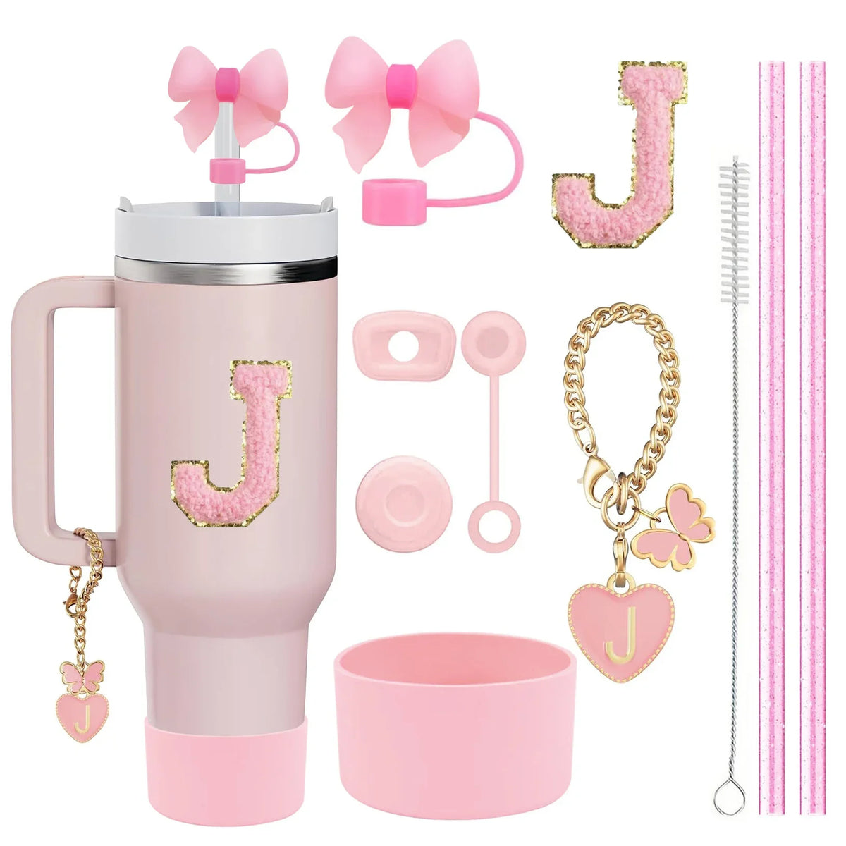 10PCS Accessories Set for Stanley Cup, 2 Straw and Brush and 1 Flower Charm Chain 3 Spill Proof Stopper Flowers Straw Cover Boot