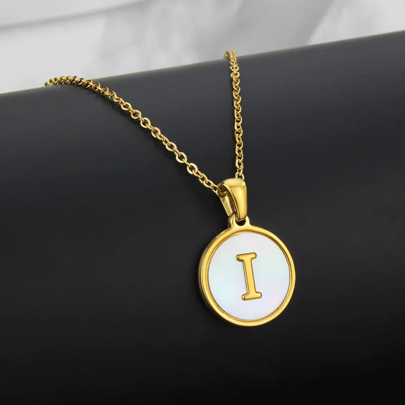 Initial Letter Necklaces for Women Trendy Stainless Steel Circle Couple Pendant Inlaid Shell Jewelry