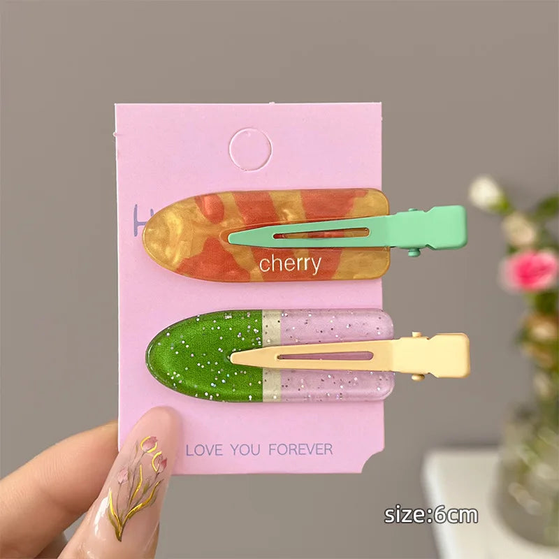 2 Pieces of Multi-Color Colorful Hair Clips with Side Bangs, Duckbill Clips for Flyaway Hair, Sweet Girl's Simple Hair Clips
