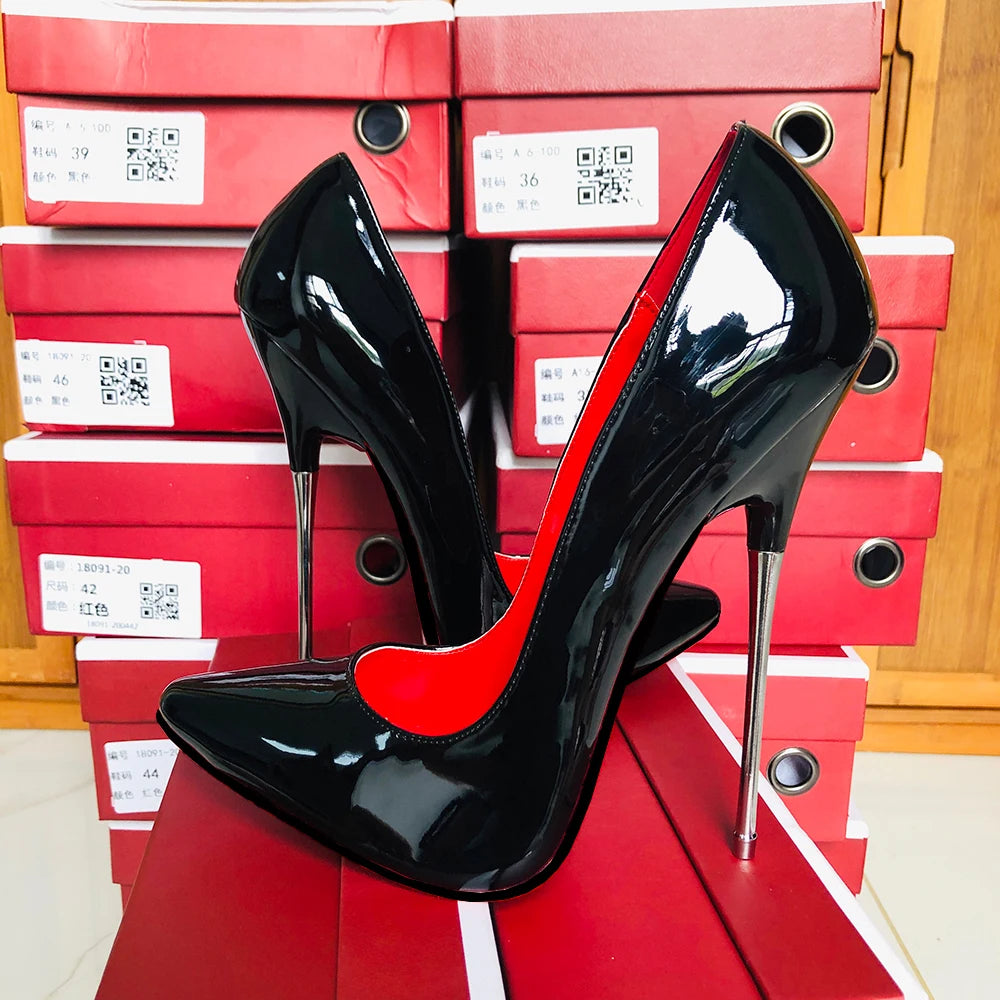 Tikicup 16cm Extreme Metal High Heels Women Black Sexy Red inside Pointy Toe Stilettos Fetish Model Party Unisex Shoes Size 46