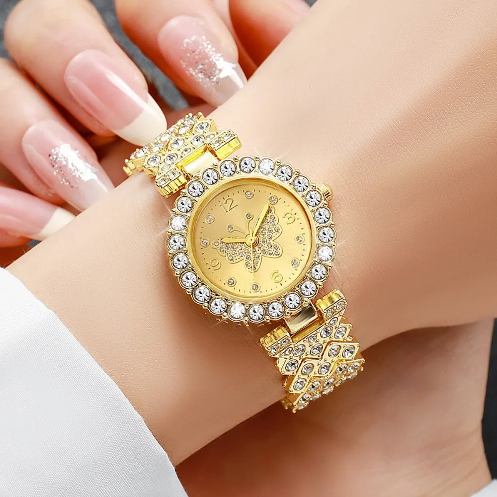5PCS Luxury Rhinestone Butterfly Dial Women's Quartz Watch Elegant Ladies Bracelet Wristwatch Jewelry Set（Without Box）