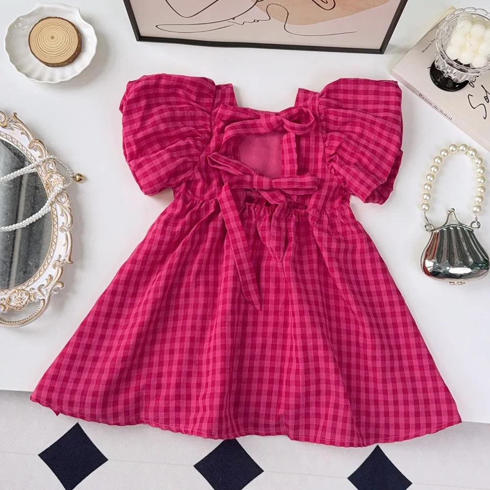 Bear Leader Summer Red Plaid Bow Dresses Elegant Lolita Child Baby Girl Midi Dress Children Dresses Girl Party Princess Sundress