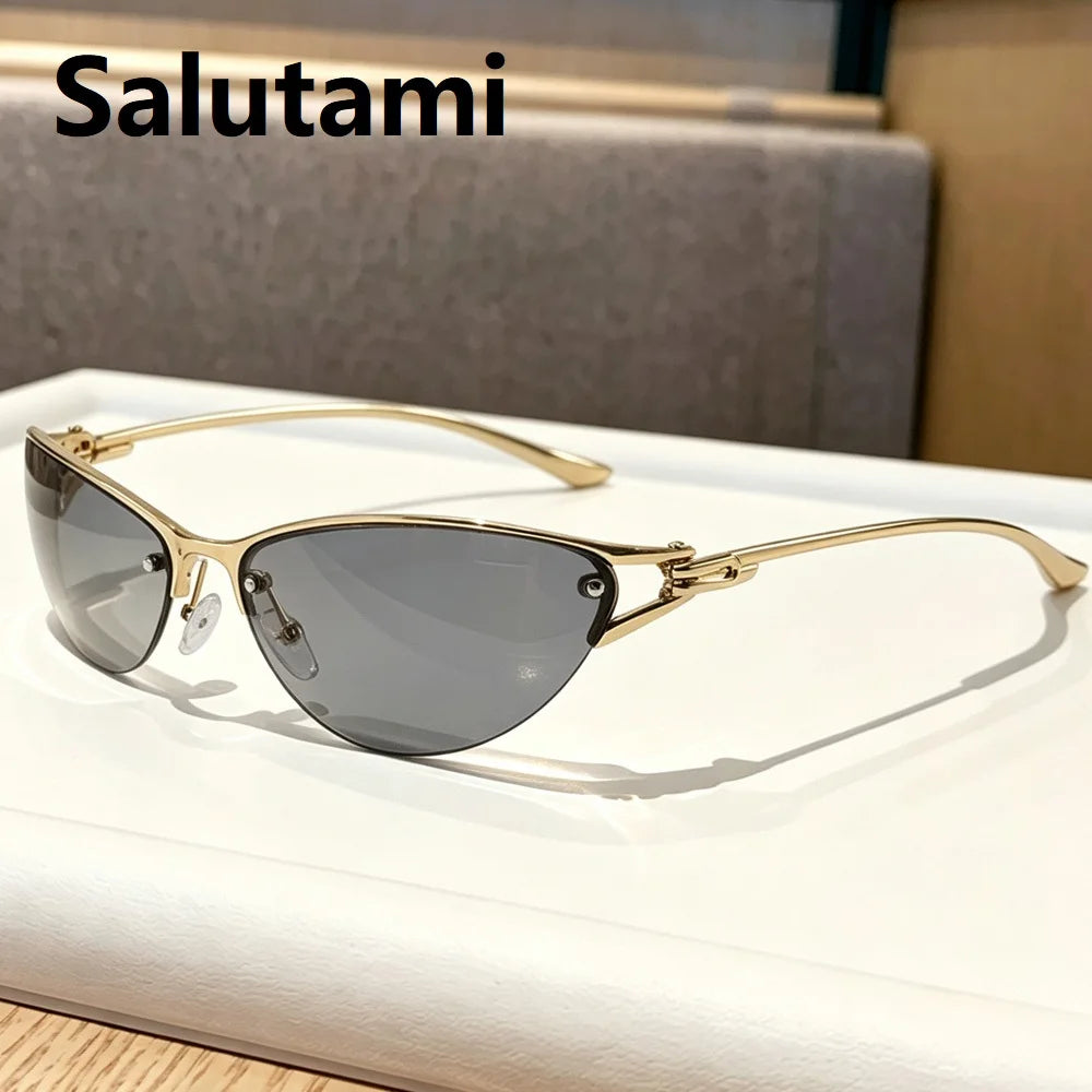 New Silver Y2K Metal Cat Eye Sunglasses Women Fashion Half Frame Clear Gradient Shades UV400 Men Trending Sun Glasses Uv400