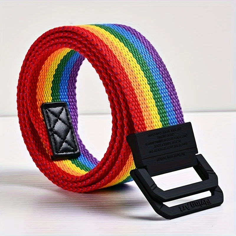 Seven Color Double Ring Buckle Rainbow Canvas Belt For Women Men, Casual Pants Belt
