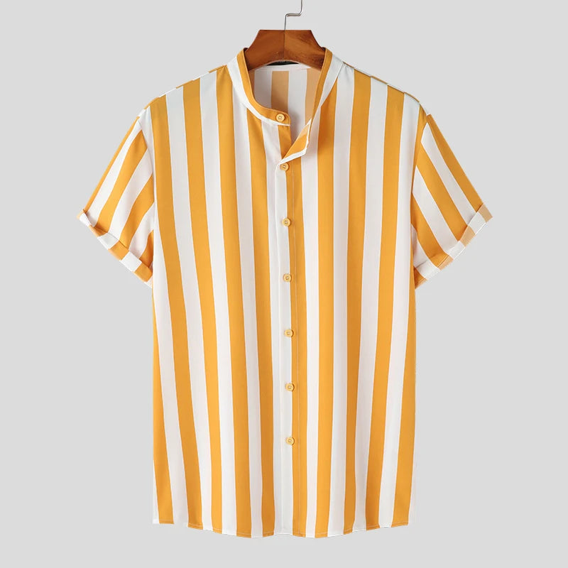 INCERUN Men Striped Shirt Stand Collar Short Sleeve Casual Men Clothing Harajuku Streetwear Summer 2023 Leisure Shirts S-5XL