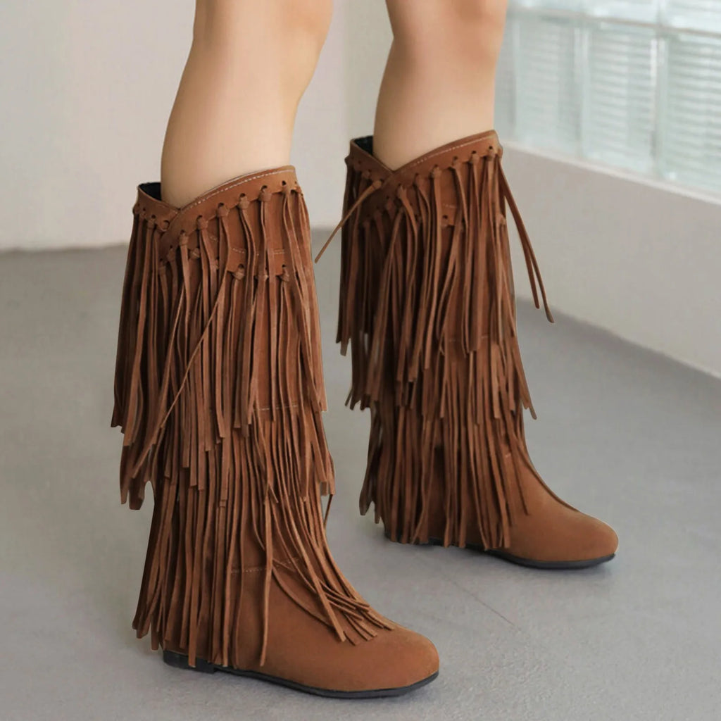 Boots Women Mid Calf With Heel Women'S Winter Chunky Heel Fringe Boots Inside Booster Mid Faux Leather Western Boots