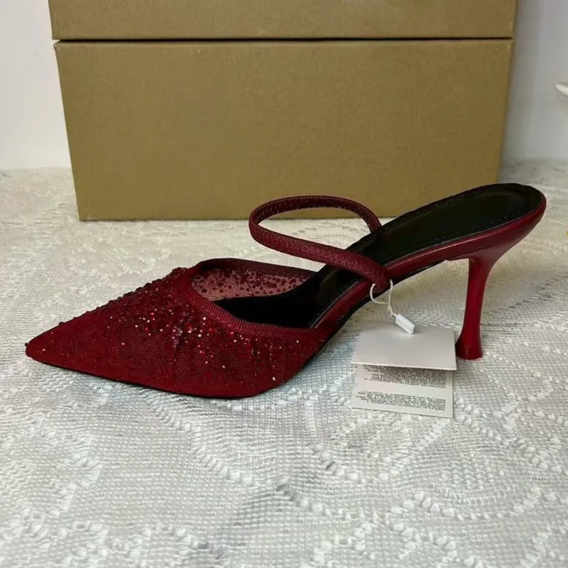 Shiny Rhinestones Mesh Women Party Shoes Brand Pointed Toe Mules Stiletto Elegant Back Strap High Heels Wedding Bridal Pumps