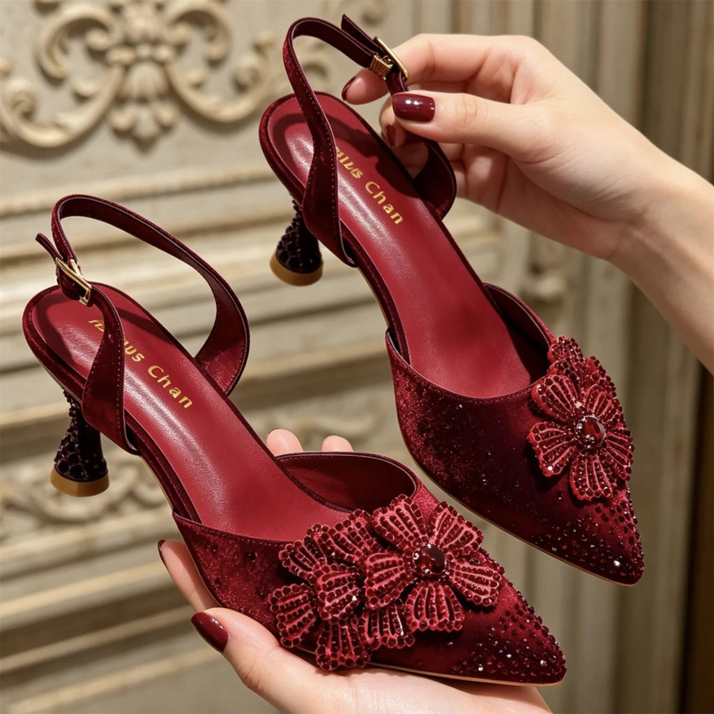 Luxury Women's Satin Slingback Heels with Rhinestone Embellishments & Pointed Toe - Stunning 3D Floral High Heels Ideal