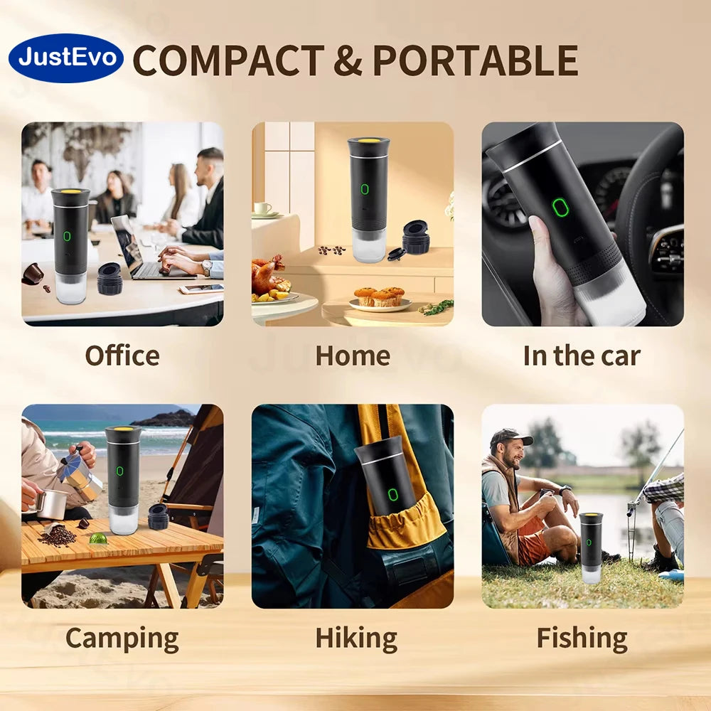 JustEvo Portable Espresso Machine 3-In-1 Travel Coffee Maker Compatible With Small Large Capsules And Ground Coffee Compact Electric Brewer For Car RV Camping Office Outdoor Your Mobile Coffee Shop
