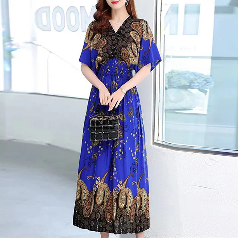 2025 Summer New Casual Elegant Retro Bohemian Style V-neck Elastic Waist Large Swing Printed Long Skirt Autumn Summer Dress