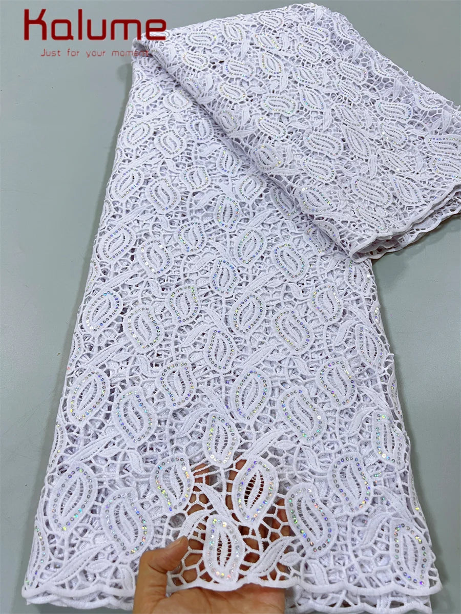 White African Guipure Cord Lace Fabric with Sequins 2025 High Quality Nigerian Guipure Cord Lace for Sewing Wedding Dress F4025