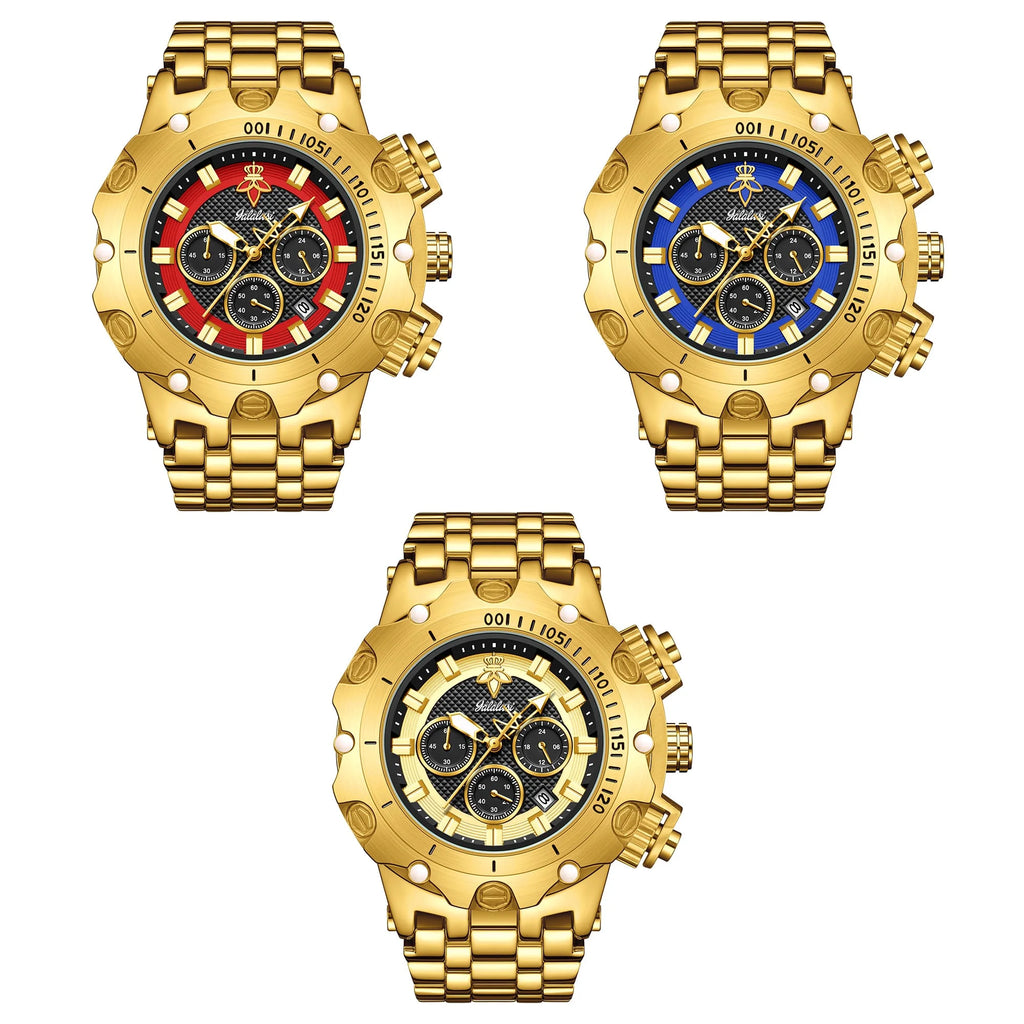 YaLaLuSi Men Gold Watch Multi Chronograph 3 Subdials Heavy Duty  Bracelet Luminous Dial Sport Quartz Wristwatch Male Gift Clock