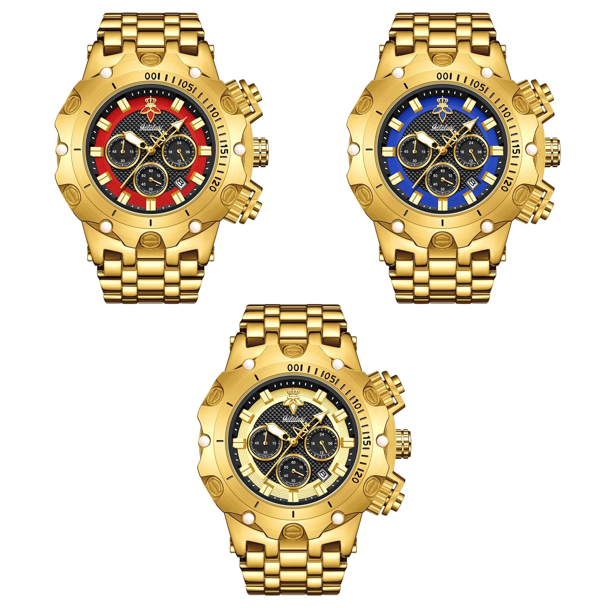 YaLaLuSi Men Gold Watch Multi Chronograph 3 Subdials Heavy Duty  Bracelet Luminous Dial Sport Quartz Wristwatch Male Gift Clock