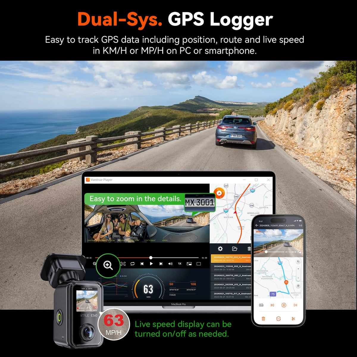 Vantrue E360 DashCam 5.2K 360° Panoramic 5GHz WiFi&GPS Dual STARVIS 2 HDR Voice Control Touch Control Car accessoriesr