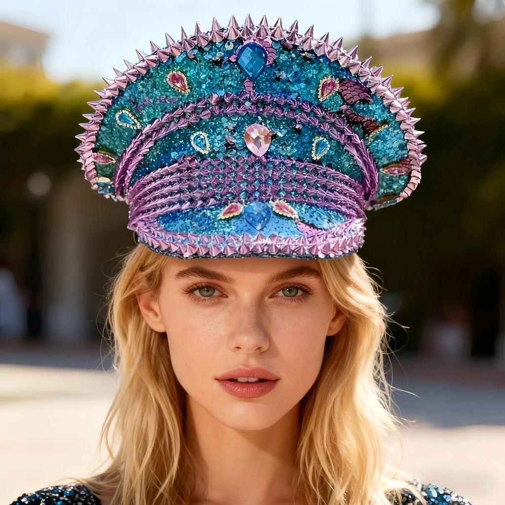 HongLuan Blue Steampunk Captain Hat Rhinestone for Burning Man Festival Woman, Vintage Military Accessories & Military Cap Man