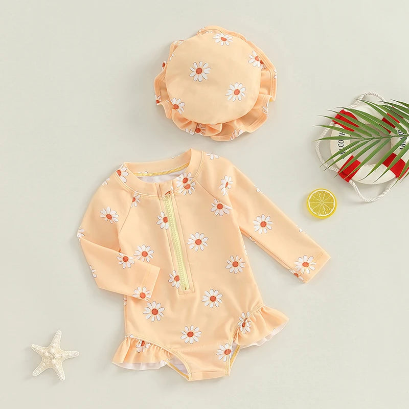 Infant Baby Girls Swimsuit with Hat Toddler Long Sleeve Flower Print Zipped Swimwear Bikini Children Swimwear Kids Bathing Suit