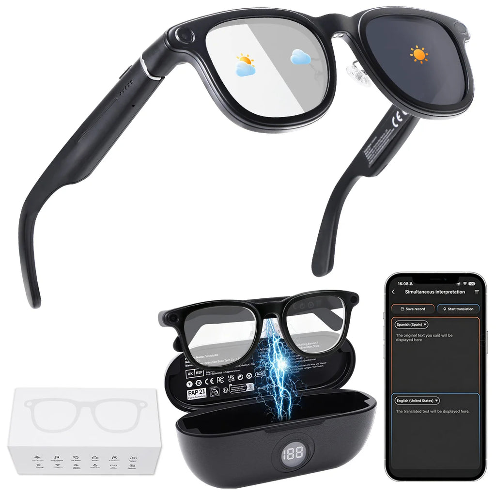 Hganus New Upgraded 800W AI Smart Glasses with Camera 3600mAh Battery Case Smart Translation Glasses Photo Video Recording Sunglasses ChatGpt App Phone WIFI 4 BT 5.3