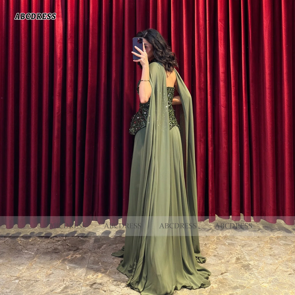 ABC Customized Luxury Olive Green Halter Neck Evening Dress robes de soirée Sequin Sweetheart Cape Sleeve A Line Formal Gown