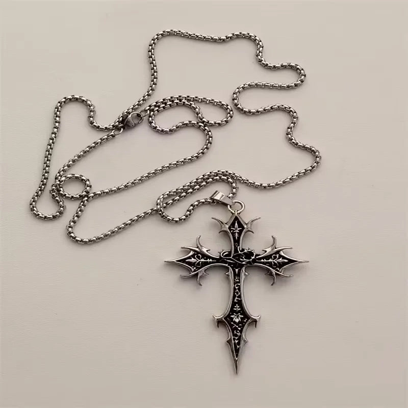 Vintage Cross Pendant Necklace Unisex Versatile Simple Long Sweater Chain Hip Hop Accessory
