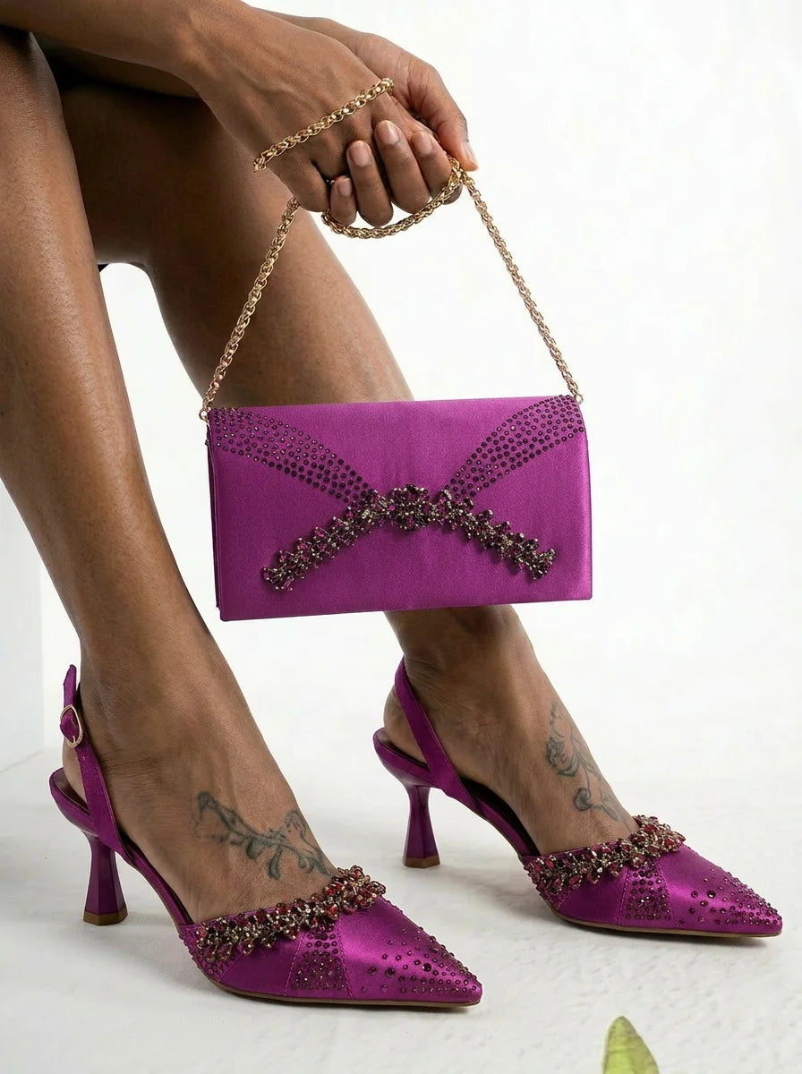 Italian Design Slip-on High Heels and Matching Three-Dimensional Bag Nigeria Party Pointed Shoes with Bag or a Pair of Shoes