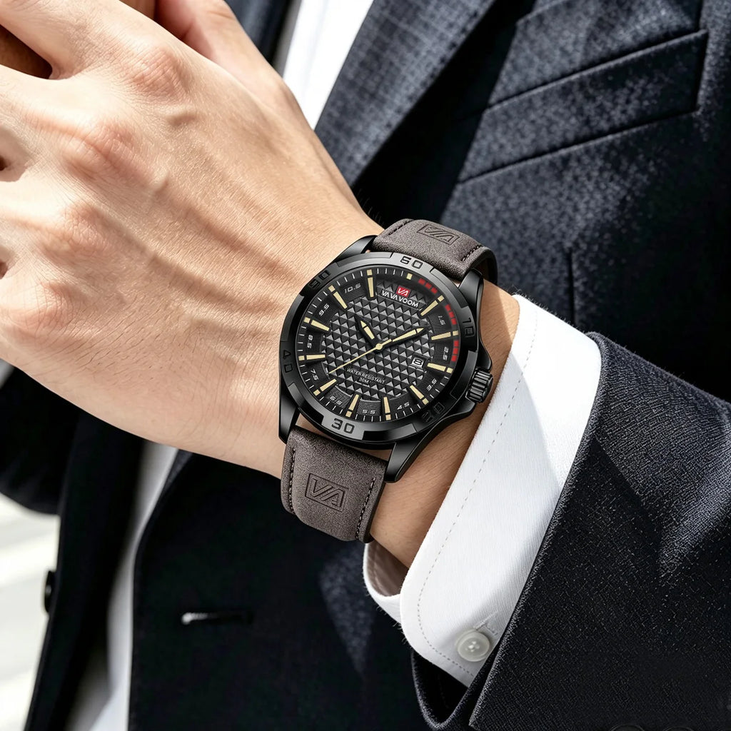 VA VA VOOM Men Casual Sport Military Quartz Calendar Wrist Watch for Man Business Leather Waterproof Male Clock Relogio Masculin