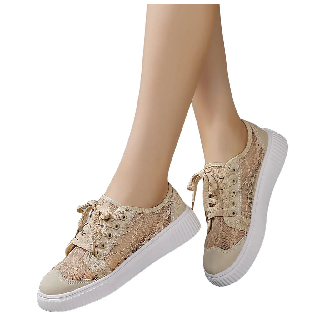 Women's Floral Lace Breathable Platform Shoes Spring Summer Thick Mid Top Lace Up Shoes Comfortable Outdoor Daily Casual Shoes